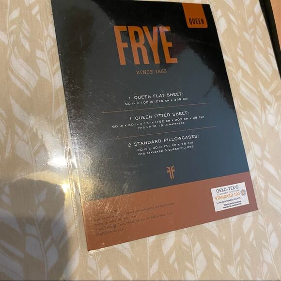Frye Queen Sheet 4 Pc Set Flat Fitted Pillowcase Tan Feather 100% Cotton NEW - Picture 3 of 4